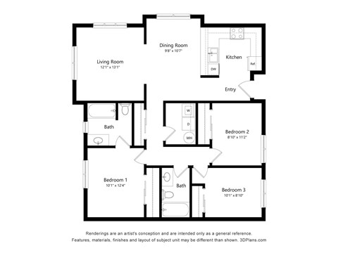 Floor plan for 3 beds, 1 bath, 1070 sqft